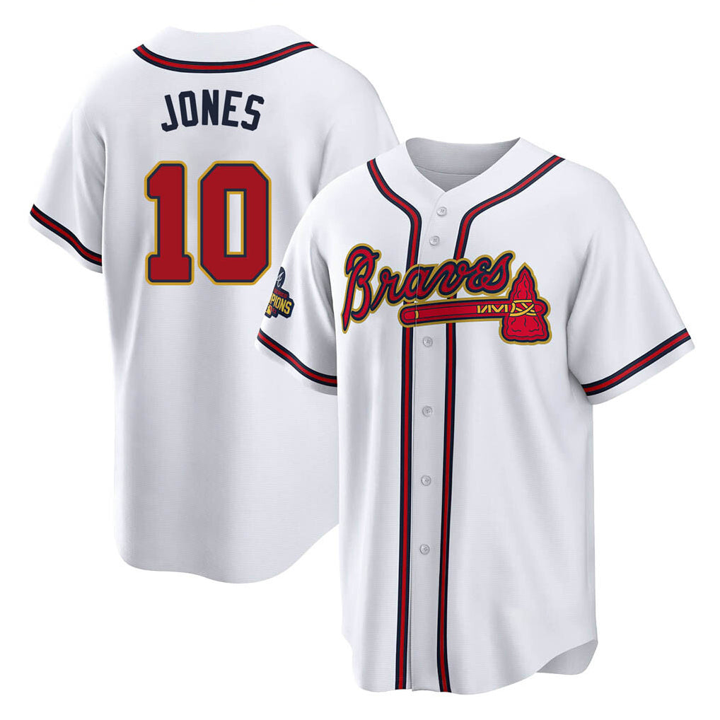 Friene A.Braves #10 Chipper Jones Player White Gold Home Game Stitched Jerseys