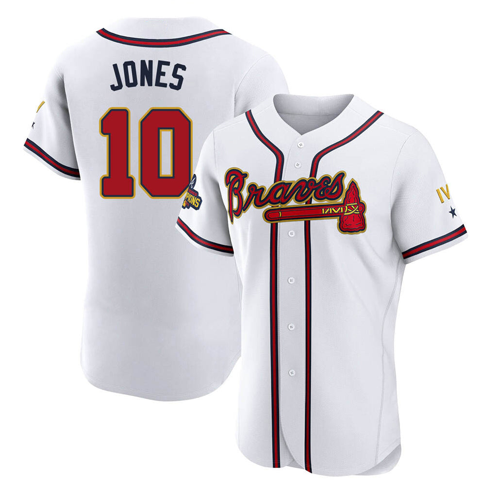 Friene A.Braves #10 Chipper Jones Player White Gold Limited Elite Home Game Stitched Jerseys