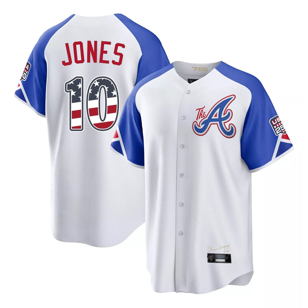 Friene A.Braves #10 Chipper Jones Player White USA 250 Fourth Of July City Connect Home Game Stitched Jerseys