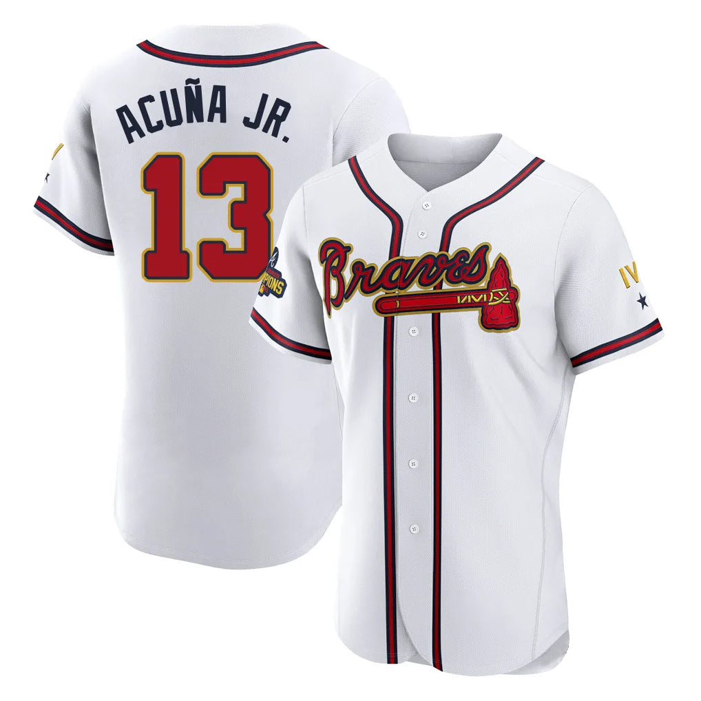 Friene A.Braves #13 Ronald Acuna Jr Player White Gold Limited Elite Home Game Stitched Jerseys