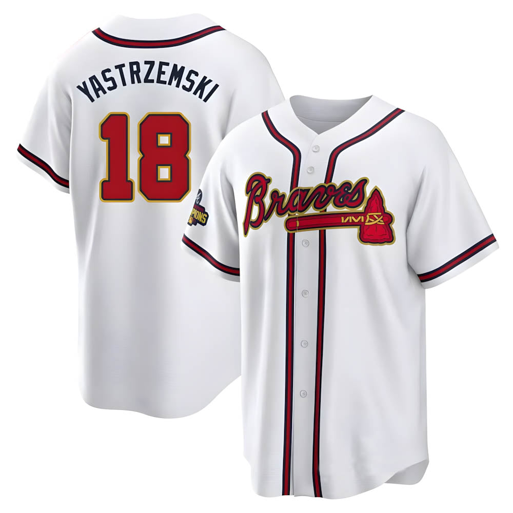 Friene A.Braves #18 Mike Yastrzemski player Gold Replica White Program Stitched Jerseys