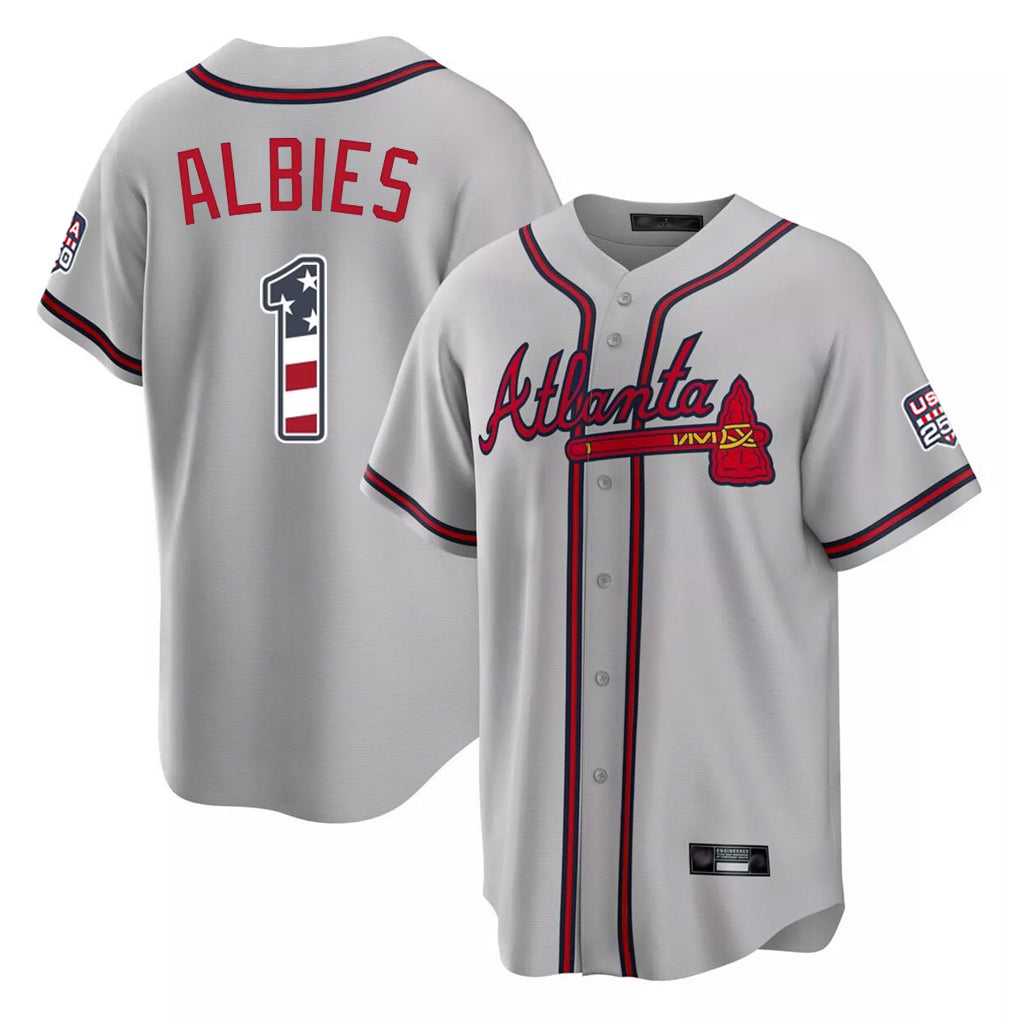 Friene A.Braves #1 Ozzie Albies Player Gray USA 250 Fourth Of July Limited Home Game Stitched Jerseys