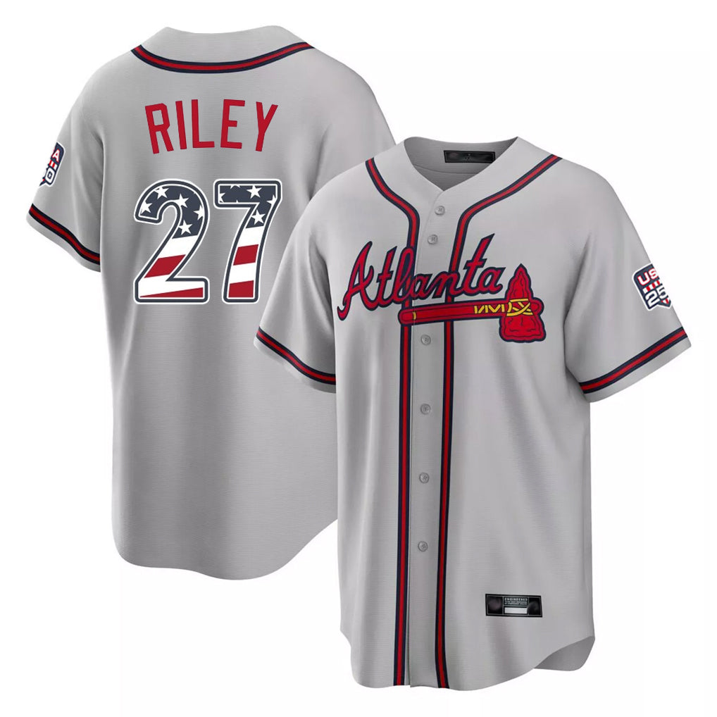 Friene A.Braves #27 Austin Riley Player Gray USA 250 Fourth Of July Limited Home Game Stitched Jerseys