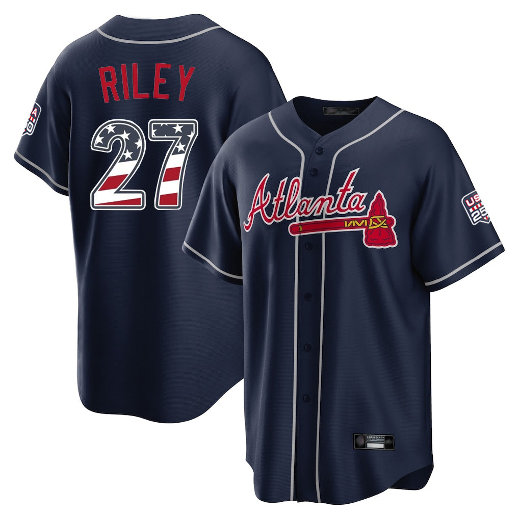 Friene A.Braves #27 Austin Riley Player Navy USA 250 Fourth Of July Limited Home Game Stitched Jerseys