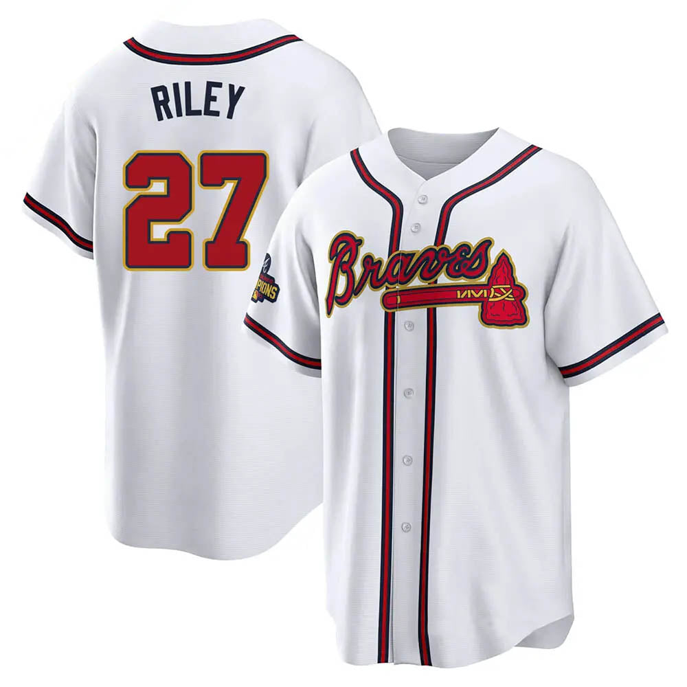 Friene A.Braves #27 Austin Riley Player White&Gold Replica Program Stitched Jerseys