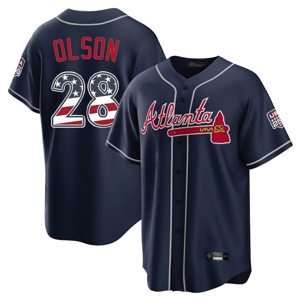 Friene A.Braves #28 Matt Olson Player Navy USA 250 Fourth Of July Limited Home Game Stitched Jerseys