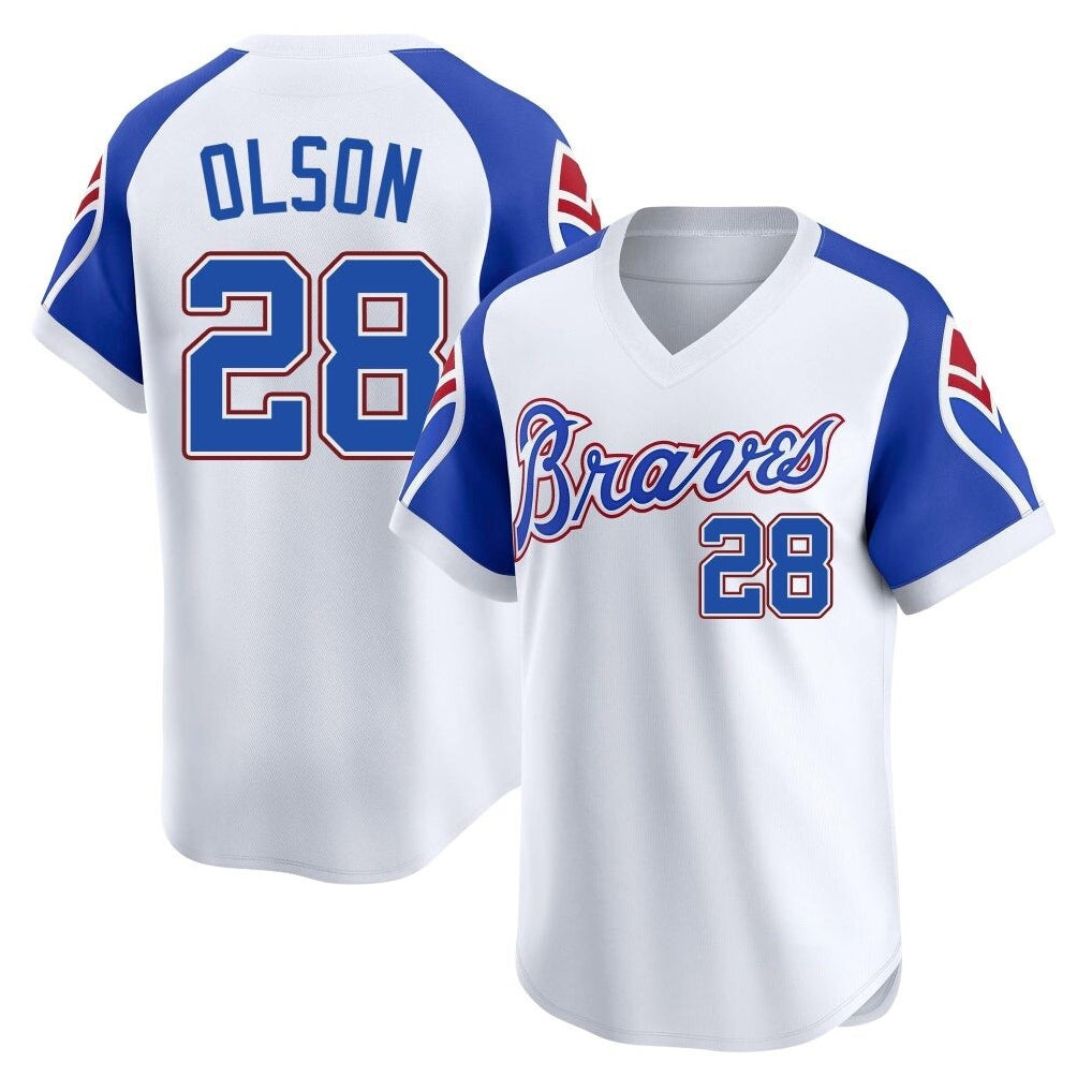 Friene A.Braves #28 Matt Olson Player White Throwback Cooperstown Collection T-shirt Game Stitched Jerseys