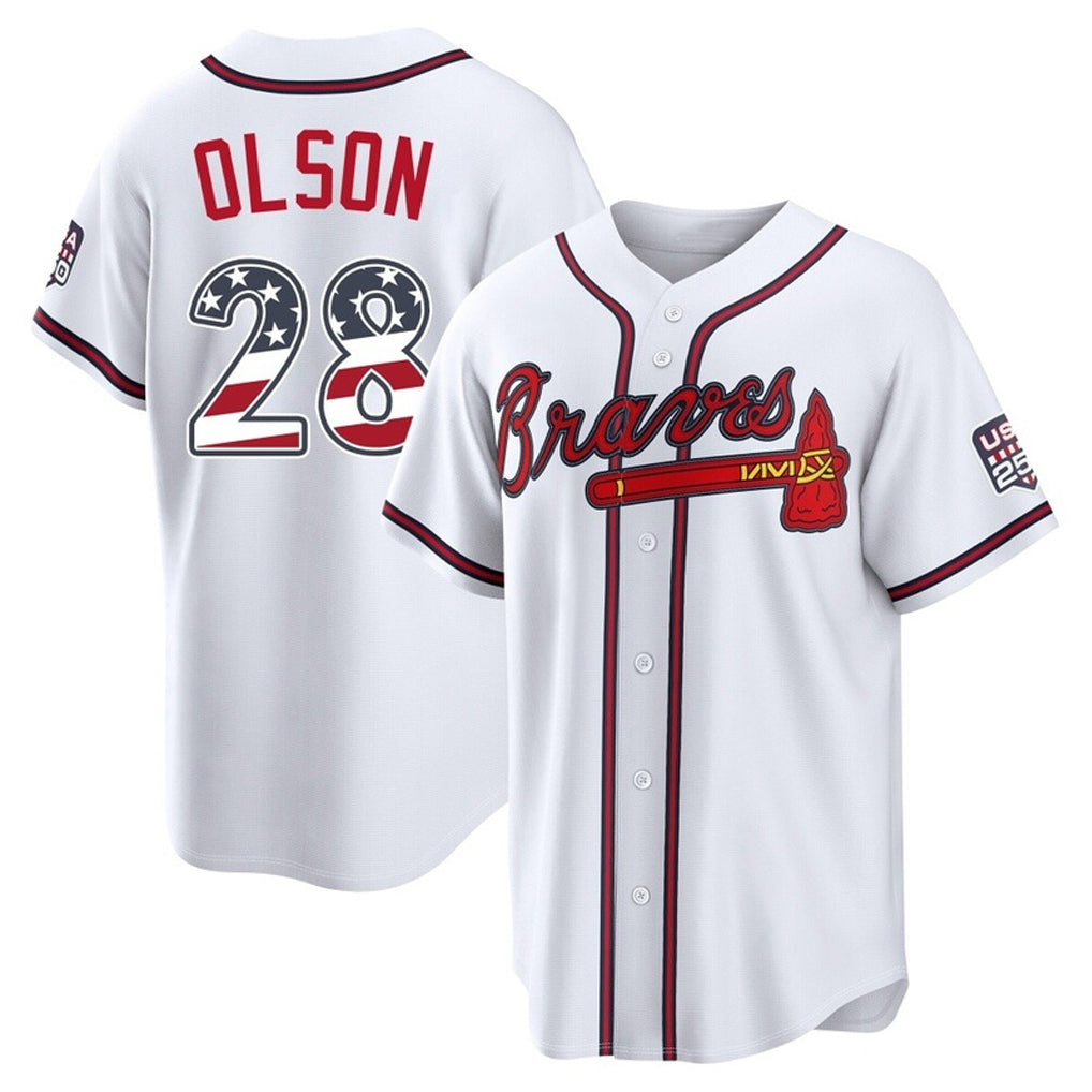 Friene A.Braves #28 Matt Olson Player White USA 250 Fourth Of July Limited Home Game Stitched Jerseys