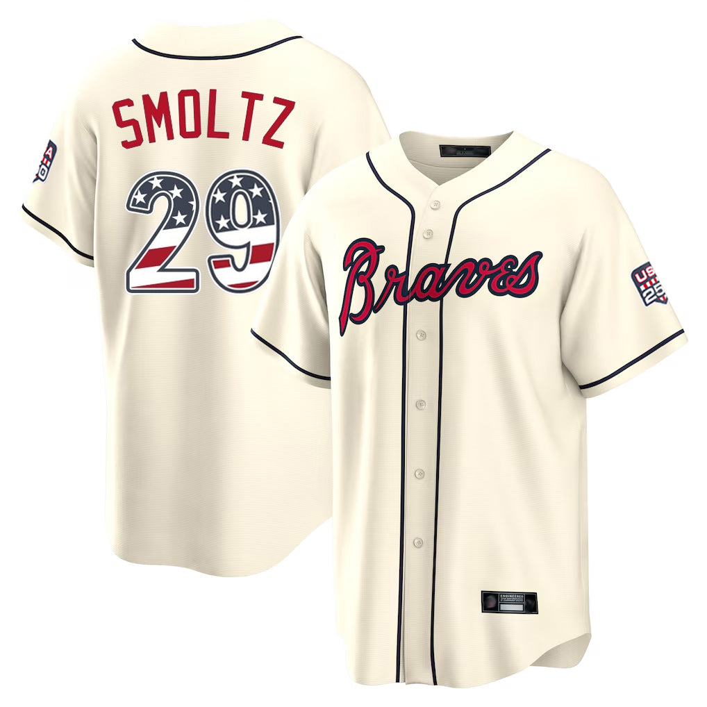Friene A.Braves #29 John Smoltz Player Cream USA 250 Fourth Of July Limited Home Game Stitched Jerseys