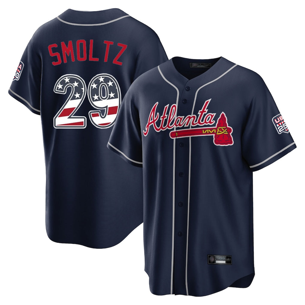 Friene A.Braves #29 John Smoltz Player Navy USA 250 Fourth Of July Limited Home Game Stitched Jerseys