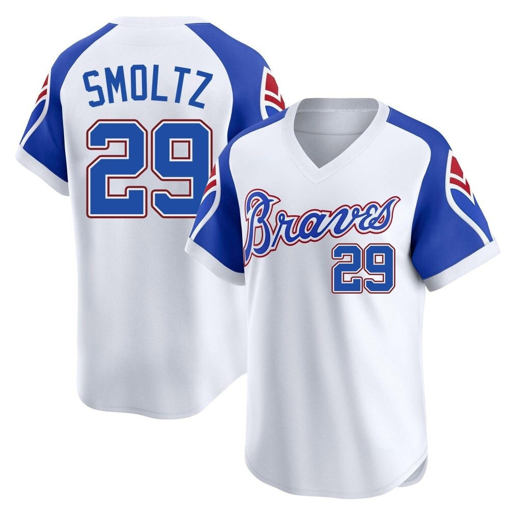 Friene A.Braves #29 John Smoltz Player White Throwback Cooperstown Collection T-shirt Game Stitched Jerseys