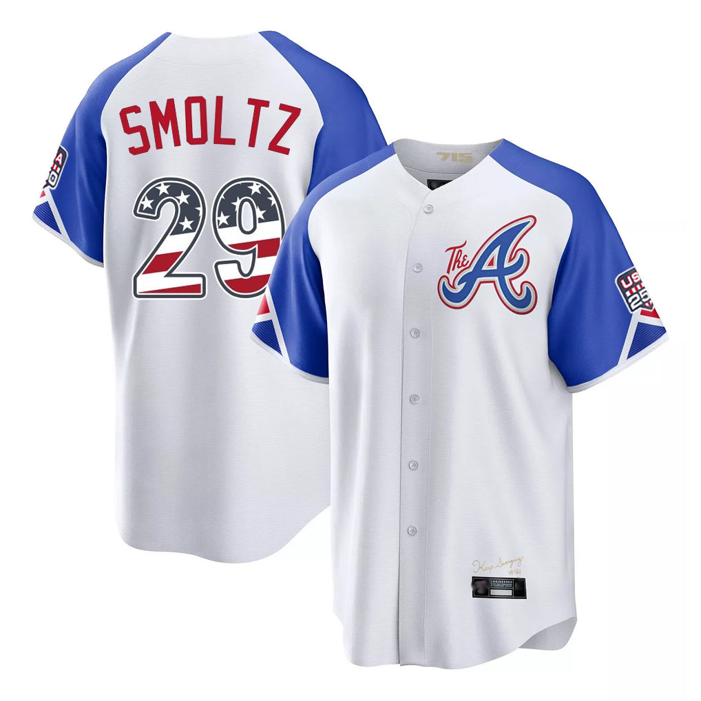 Friene A.Braves #29 John Smoltz Player White USA 250 Fourth Of July City Connect Home Game Stitched Jerseys