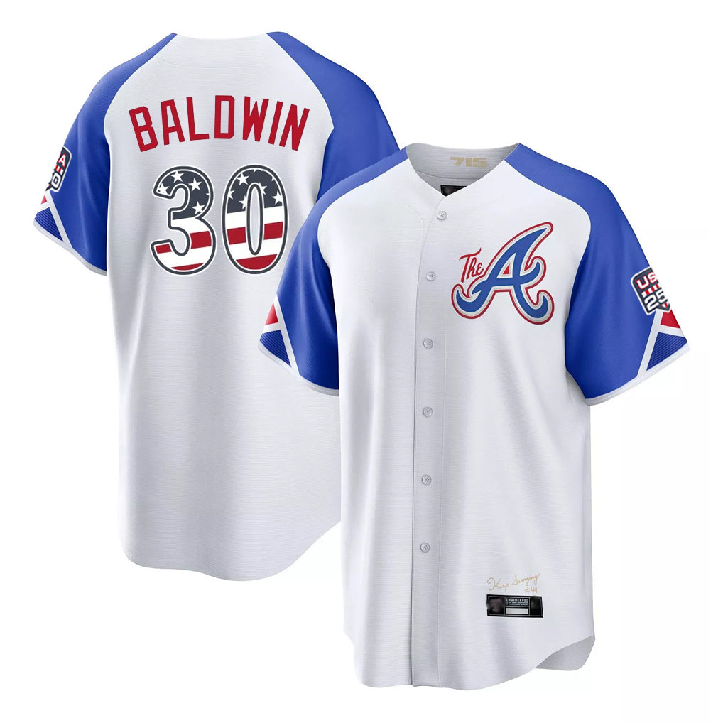 Friene A.Braves #30 Drake Baldwin Player White USA 250 Fourth Of July City Connect Home Game Stitched Jerseys