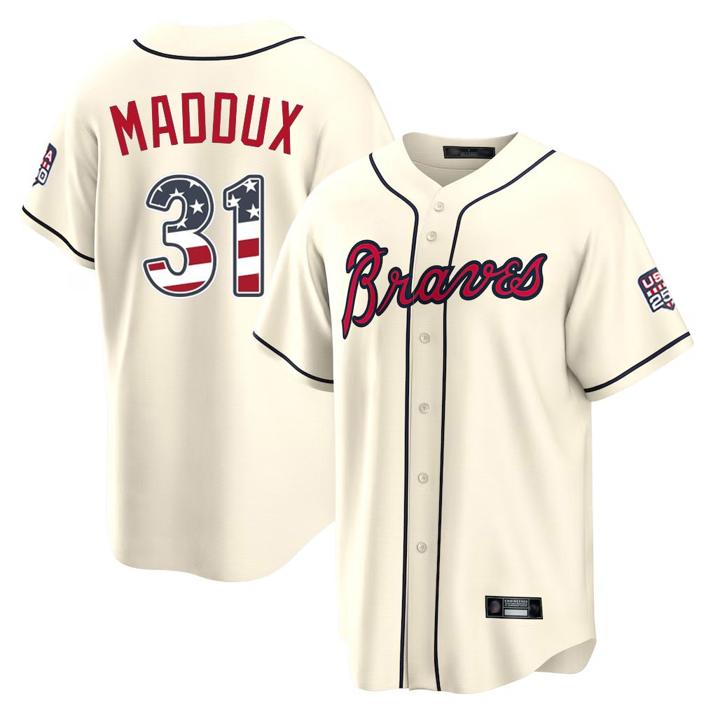 Friene A.Braves #31 Greg Maddux Player Cream USA 250 Fourth Of July Limited Home Game Stitched Jerseys