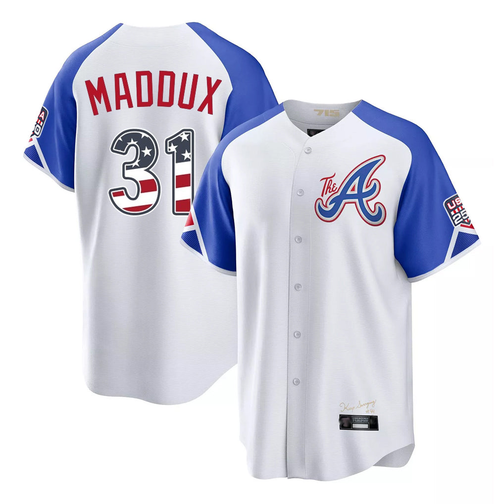 Friene A.Braves #31 Greg Maddux Player White USA 250 Fourth Of July City Connect Home Game Stitched Jerseys