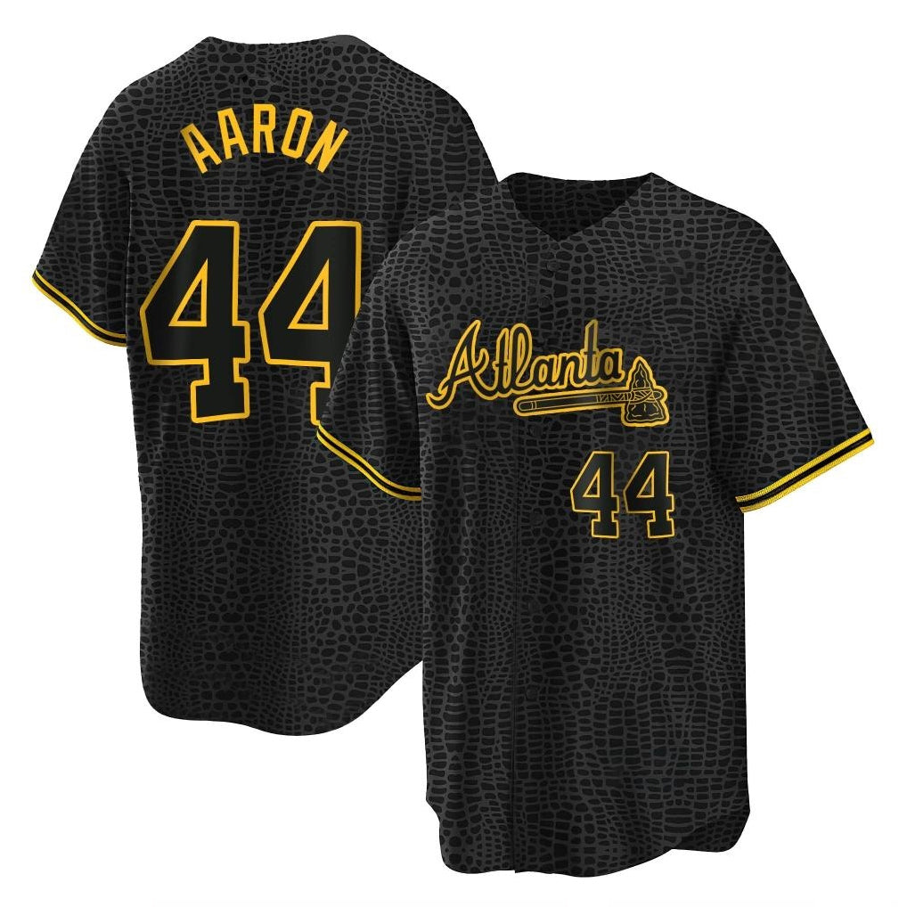 Friene A.Braves #44 Hank Aaron Player Black Snake Skin City Home Game Stitched Jerseys