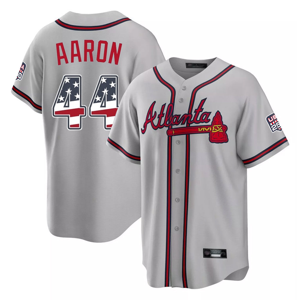 Friene A.Braves #44 Hank Aaron Player Gray USA 250 Fourth Of July Limited Home Game Stitched Jerseys