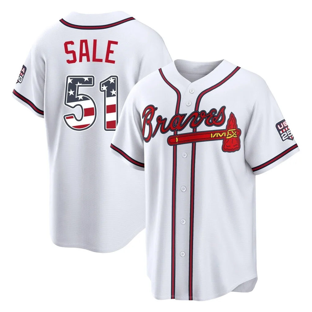Friene A.Braves #51 Chris Sale Player White USA 250 Fourth Of July Limited Home Game Stitched Jerseys