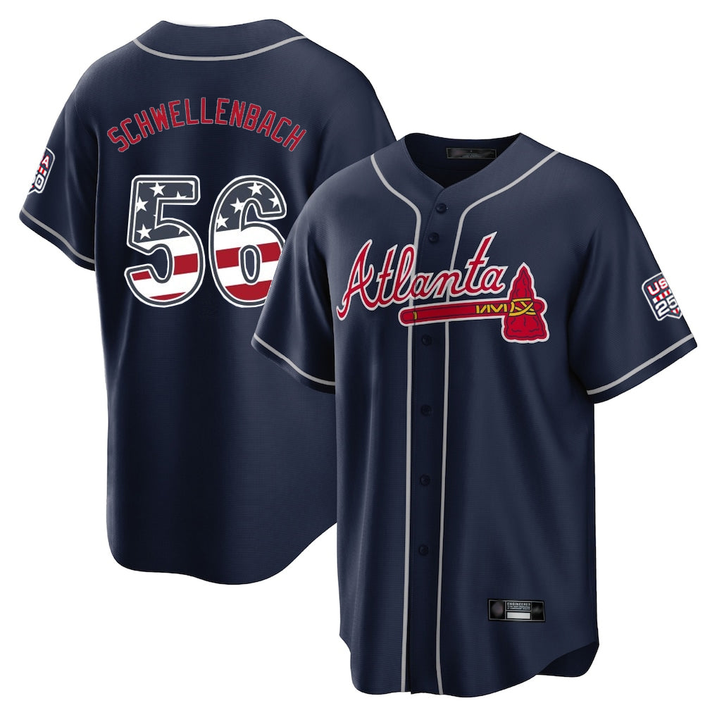 Friene A.Braves #56 Spencer Schwellenbach Player Navy USA 250 Fourth Of July Limited Home Game Stitched Jerseys
