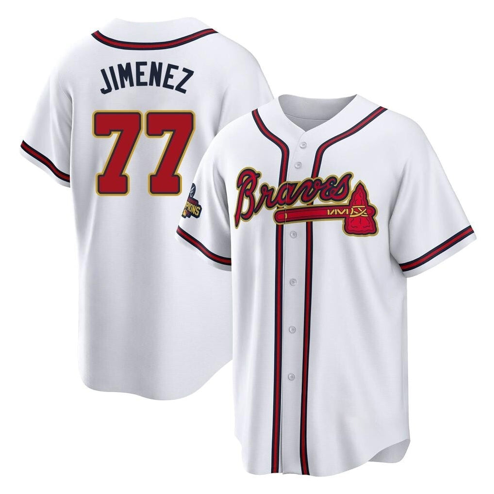 Friene A.Braves #77 Joe Jimenez Player White Gold Home Game Stitched Jerseys