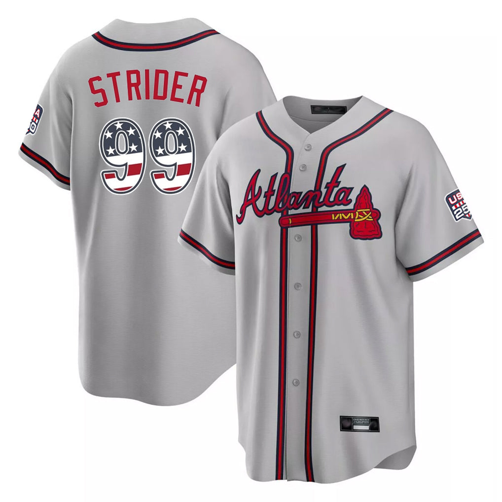 Friene A.Braves #99 Spencer Strider Player Gray USA 250 Fourth Of July Limited Home Game Stitched Jerseys