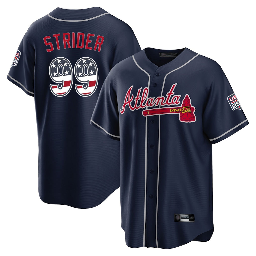 Friene A.Braves #99 Spencer Strider Player Navy USA 250 Fourth Of July Limited Home Game Stitched Jerseys
