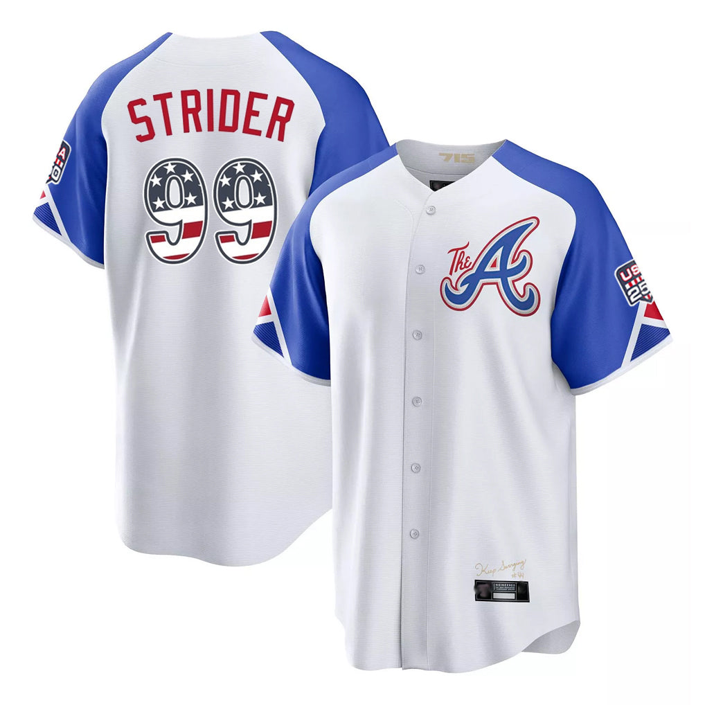 Friene A.Braves #99 Spencer Strider Player White USA 250 Fourth Of July City Connect Home Game Stitched Jerseys