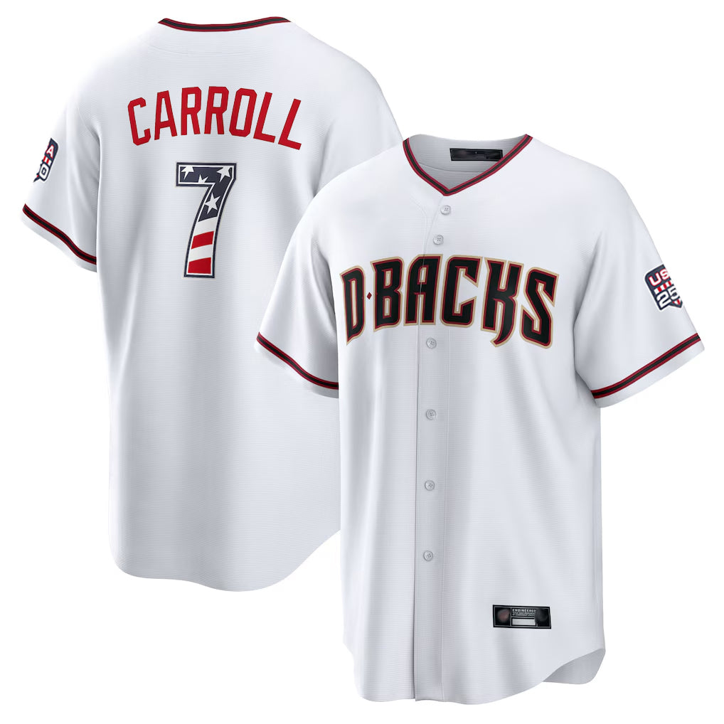 Friene A.Diamondbacks #7 Corbin Carroll Player White USA 250 Fourth of July Home Game Stitched Jerseys
