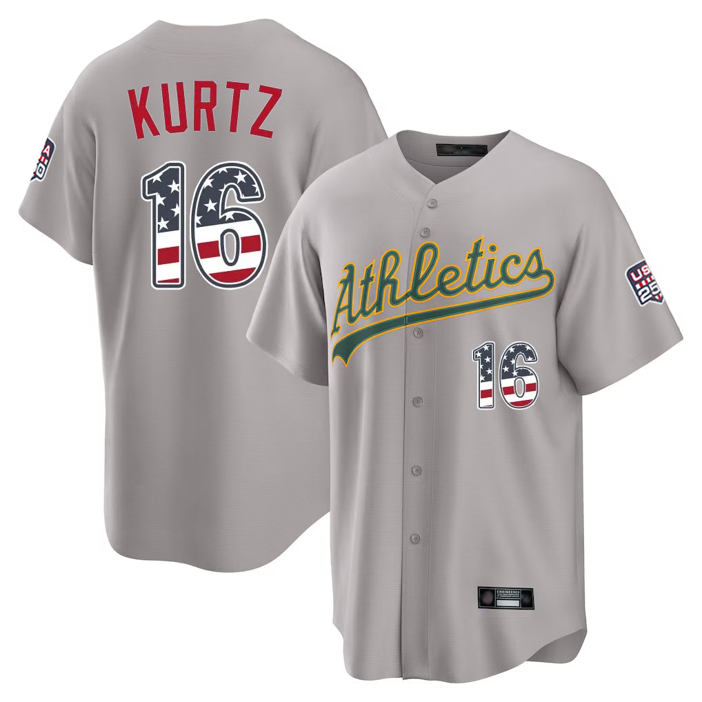 Friene Athletics #16 Nick Kurtz Player Gray USA 250 Fourth of July Home Game Stitched Jerseys
