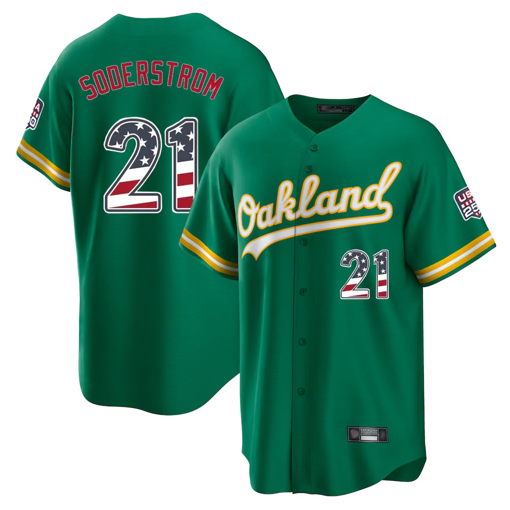 Friene Athletics #21 Tyler Soderstrom Player Kelly Green USA 250 Fourth of July Home Game Stitched Jerseys