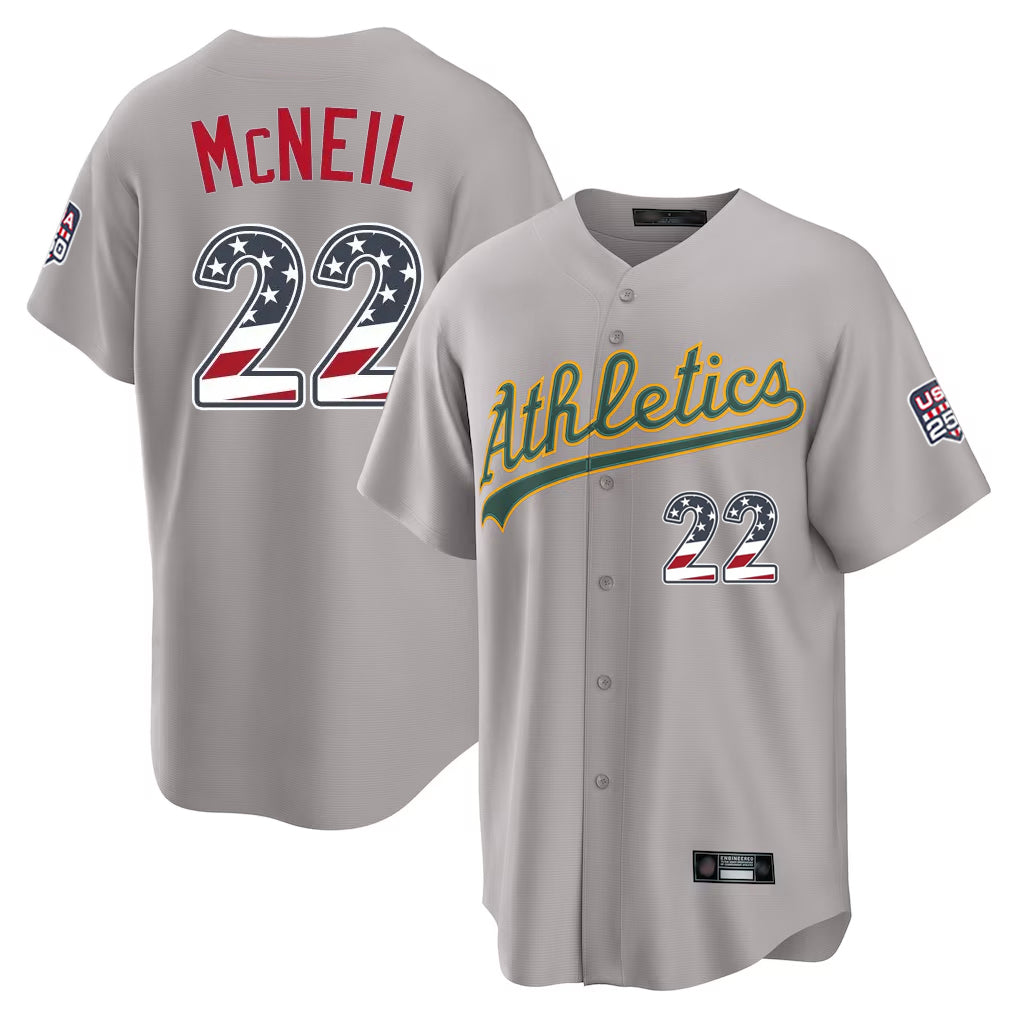 Friene Athletics #22 Jeff McNeil Player Gray USA 250 Fourth of July Home Game Stitched Jerseys