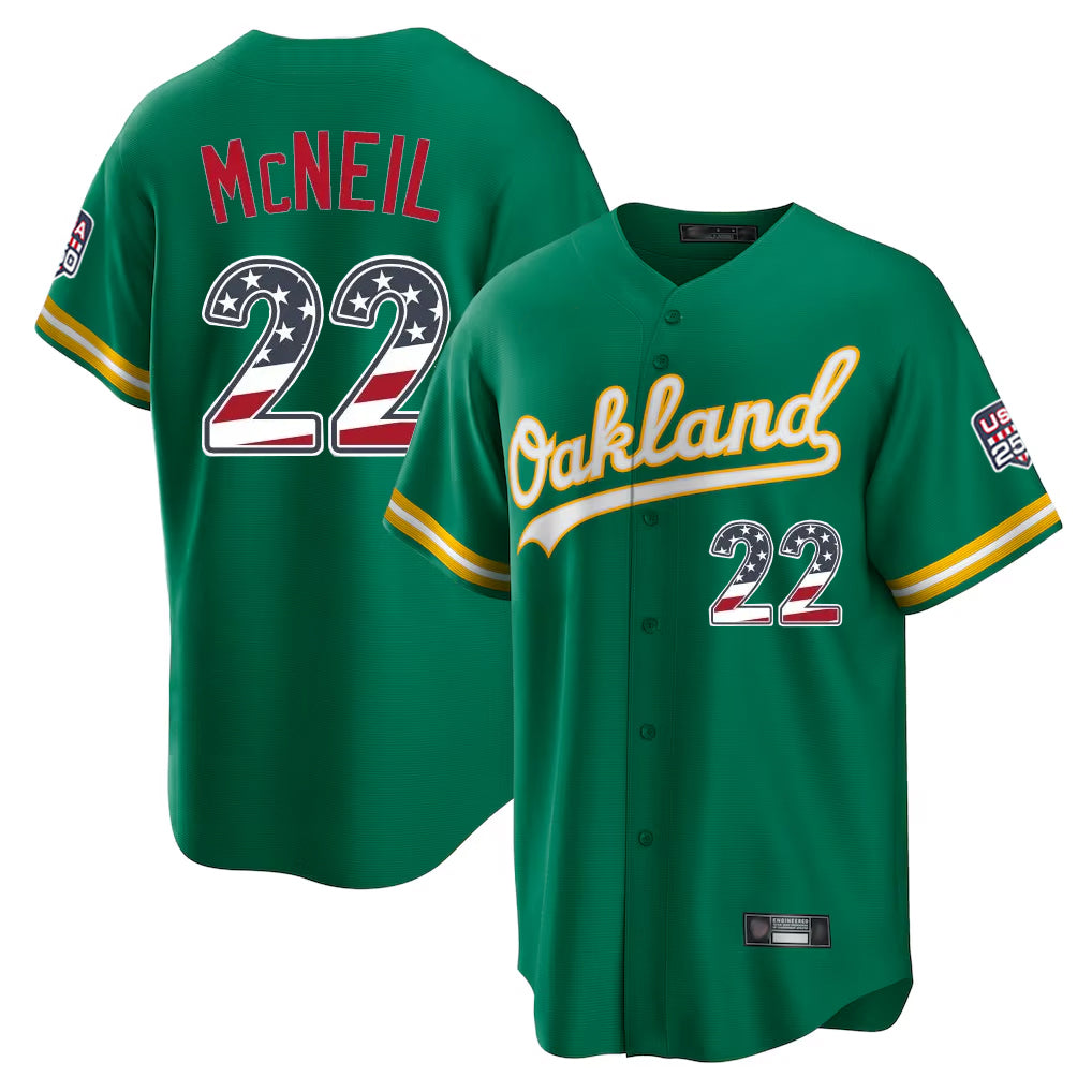 Friene Athletics #22 Jeff McNeil Player Kelly Green USA 250 Fourth of July Home Game Stitched Jerseys