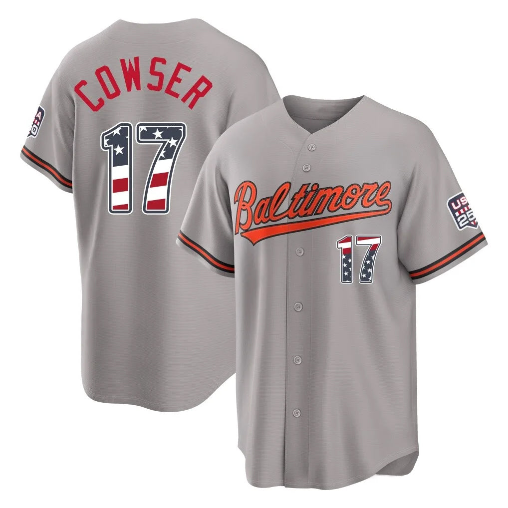 Friene B.Orioles #17 Colton Cowser Player Gray USA 250 Fourth of July Home Game Stitched Jerseys