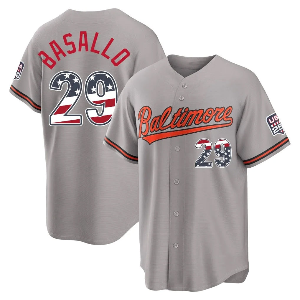 Friene B.Orioles #29 Samuel Basallo Player Gray USA 250 Fourth of July Home Game Stitched Jerseys