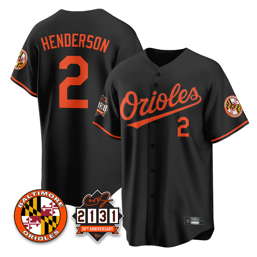 Friene B.Orioles #2 Gunnar Henderson Player Black 30th Anniversary of 2131 Home Game Stitched Jerseys