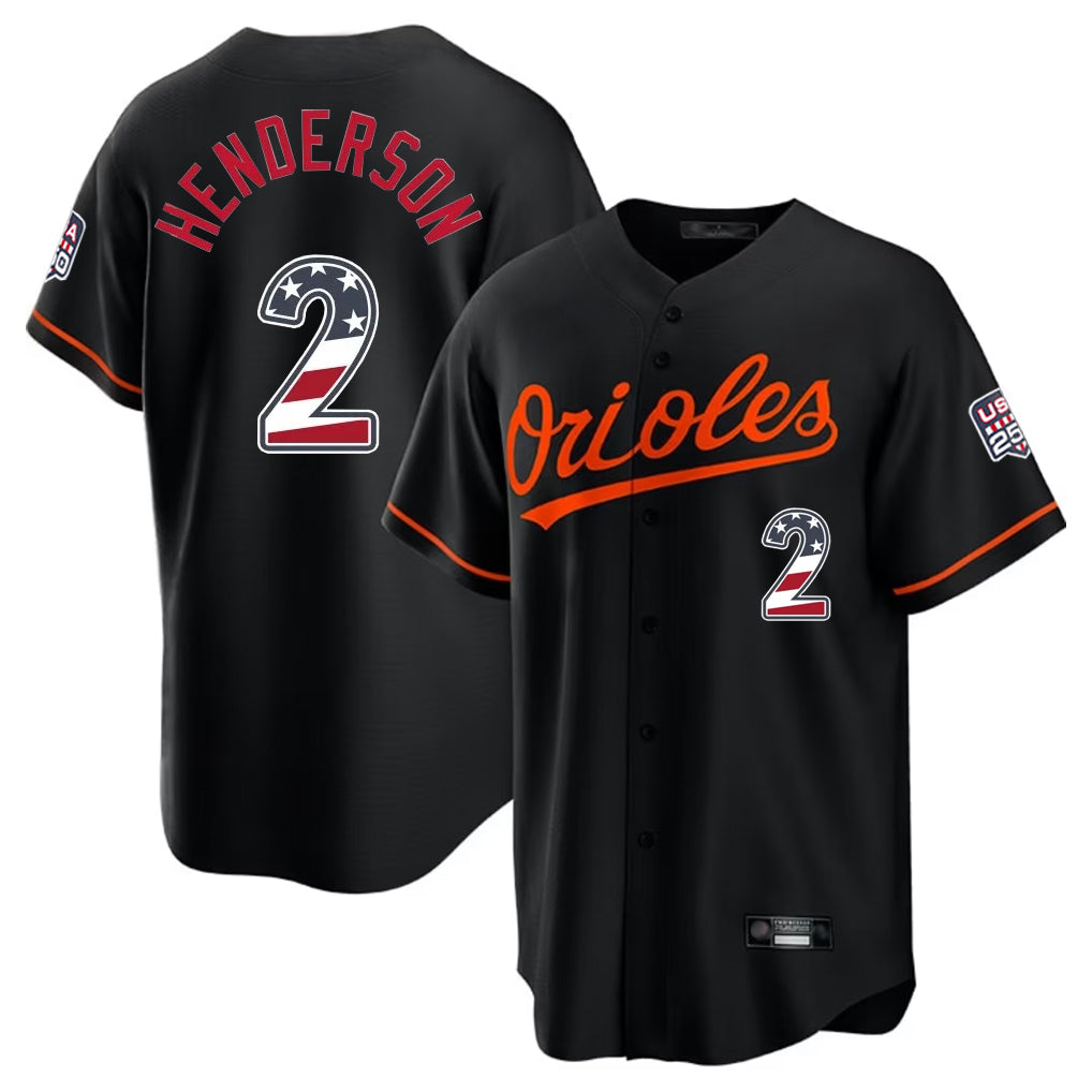 Friene B.Orioles #2 Gunnar Henderson Player Black USA 250 Fourth of July Home Game Stitched Jerseys