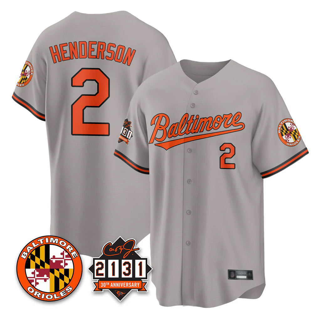 Friene B.Orioles #2 Gunnar Henderson Player Gray 30th Anniversary of 2131 Home Game Stitched Jerseys