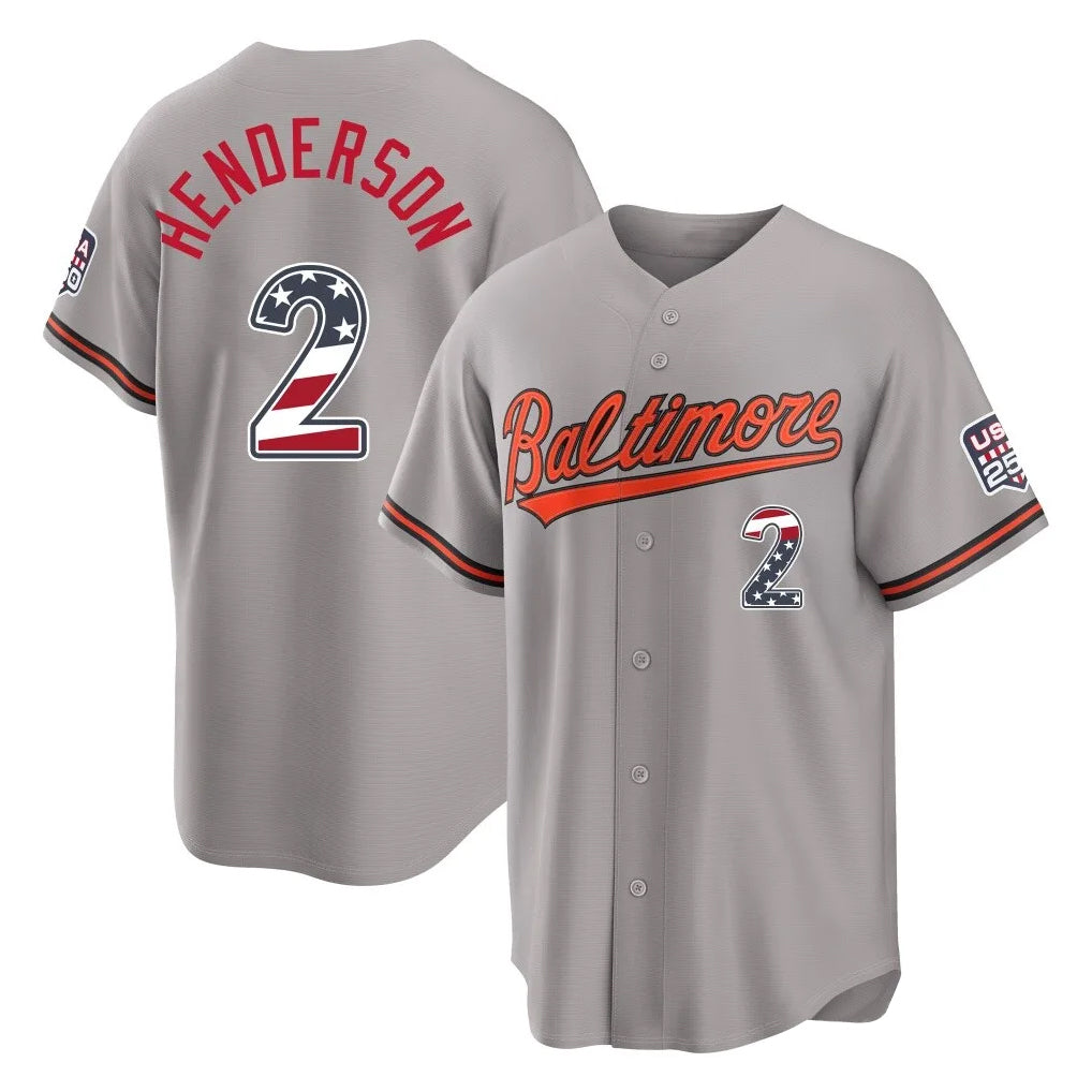 Friene B.Orioles #2 Gunnar Henderson Player Gray USA 250 Fourth of July Home Game Stitched Jerseys