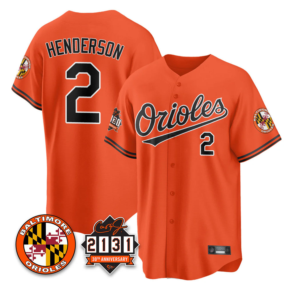 Friene B.Orioles #2 Gunnar Henderson Player Orange 30th Anniversary of 2131 Home Game Stitched Jerseys