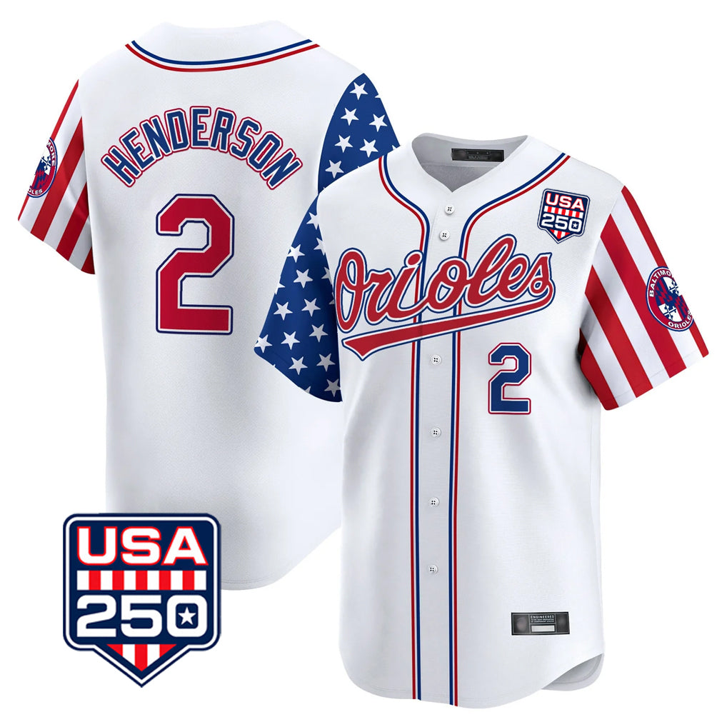 Friene B.Orioles #2 Gunnar Henderson Player White USA 250 Independence Day Vapor Premier Home Game Stitched Jerseys