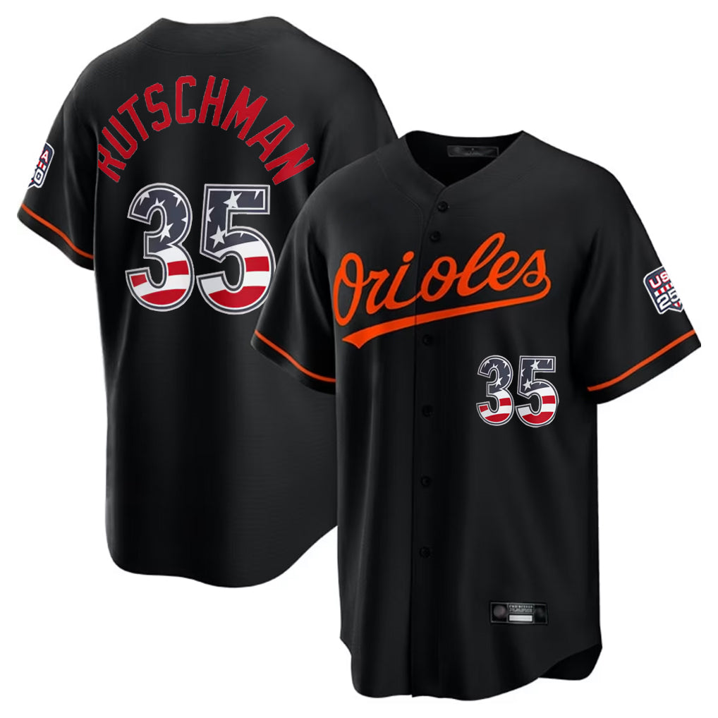 Friene B.Orioles #35 Adley Rutschman Player Black USA 250 Fourth of July Home Game Stitched Jerseys