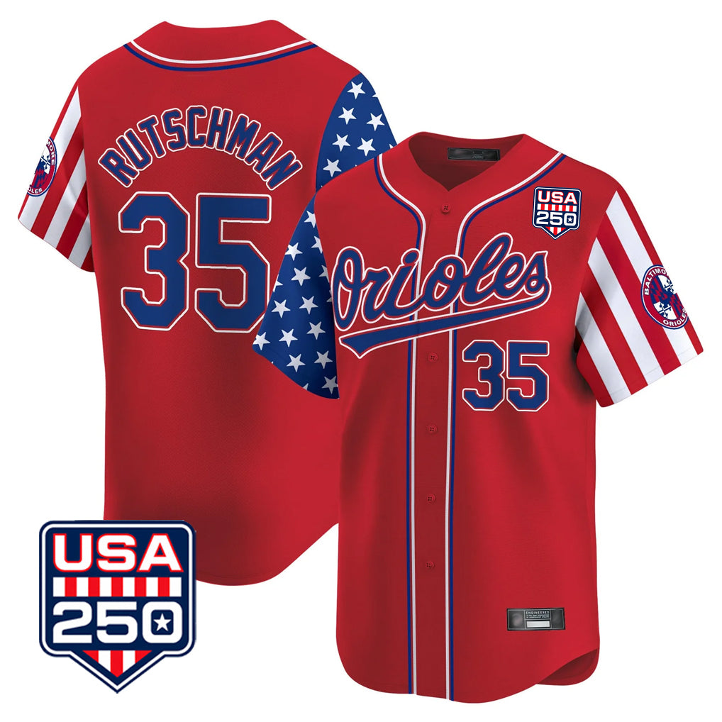 Friene B.Orioles #35 Adley Rutschman Player Red USA 250 Independence Day Vapor Premier Limited Home Game Stitched Jerseys