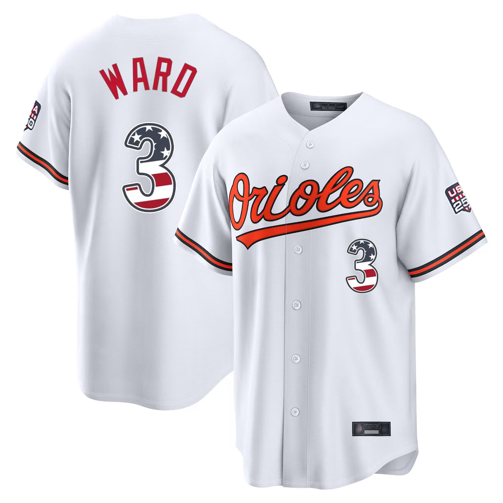 Friene B.Orioles #3 Taylor Ward Player White USA 250 Fourth of July Home Game Stitched Jerseys