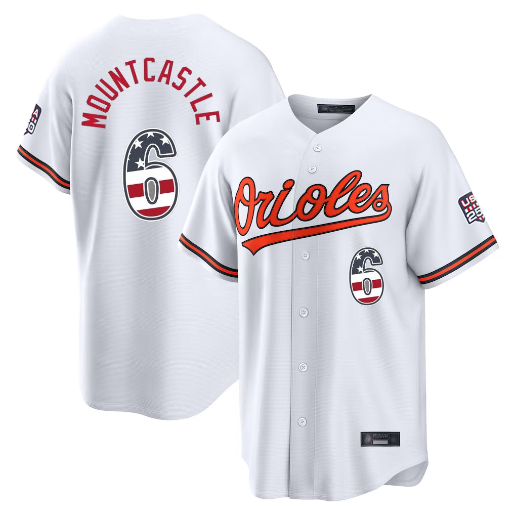 Friene B.Orioles #6 Ryan Mountcastle Player White USA 250 Fourth of July Home Game Stitched Jerseys