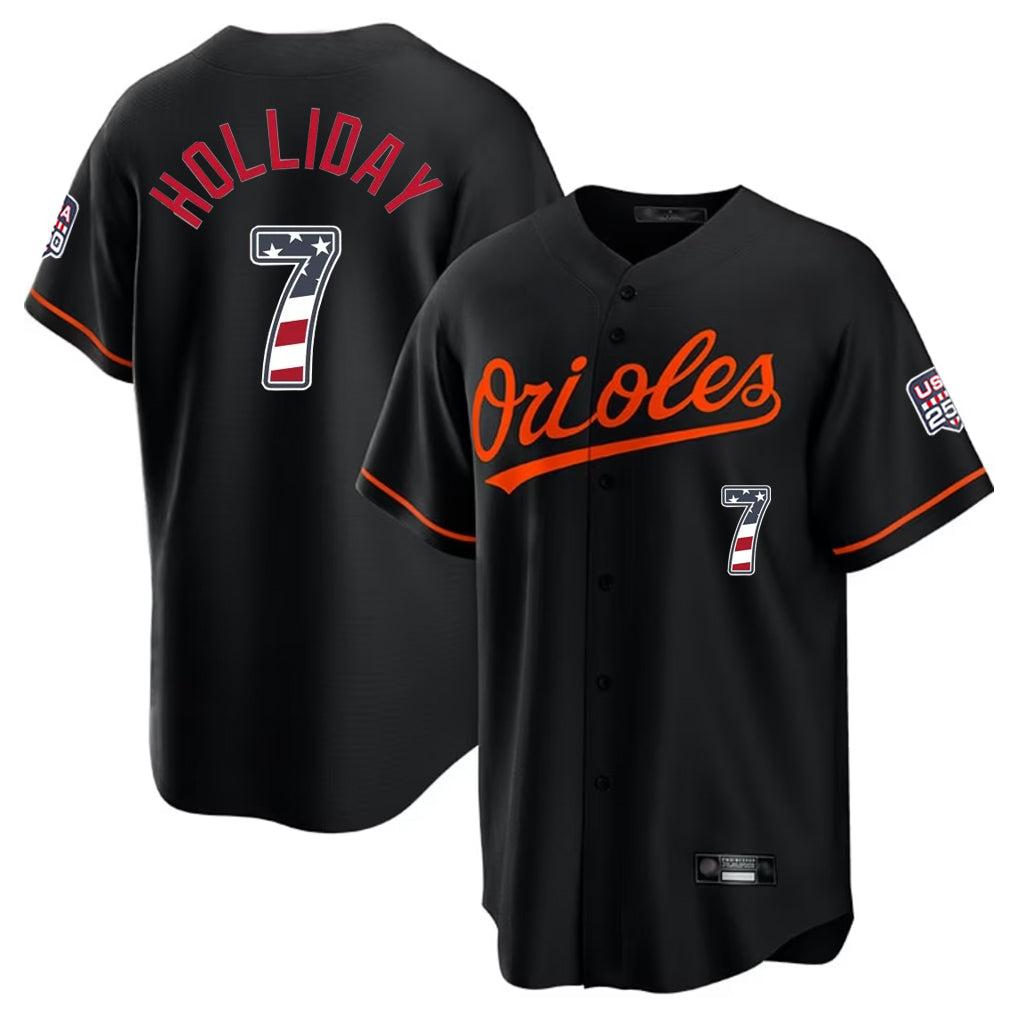 Friene B.Orioles #7 Jackson Holliday Player Black USA 250 Fourth of July Home Game Stitched Jerseys
