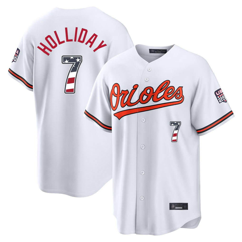 Friene B.Orioles #7 Jackson Holliday Player White USA 250 Fourth of July Home Game Stitched Jerseys