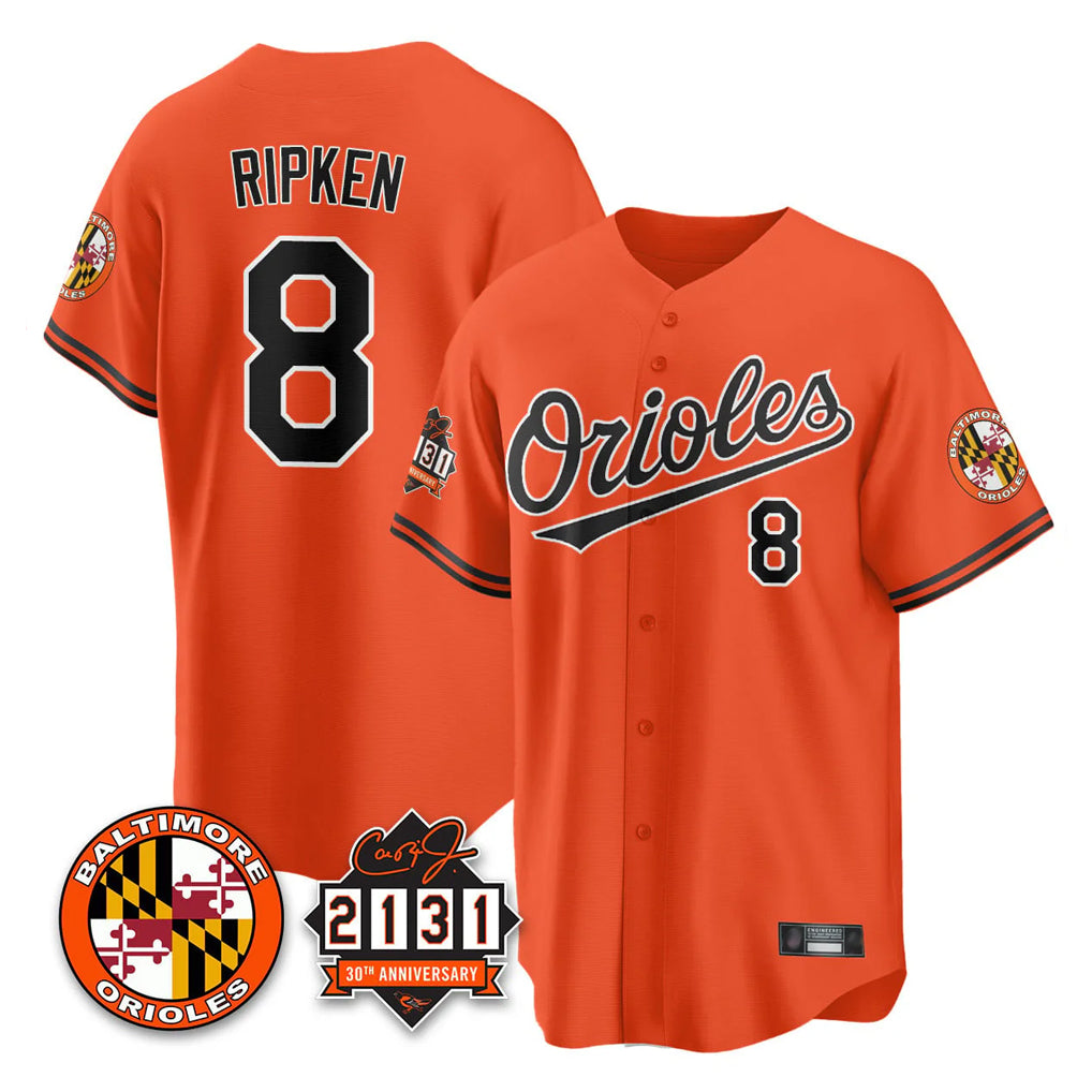 Friene B.Orioles #8 Cal Ripken Player Orange 30th Anniversary of 2131 Home Game Stitched Jerseys