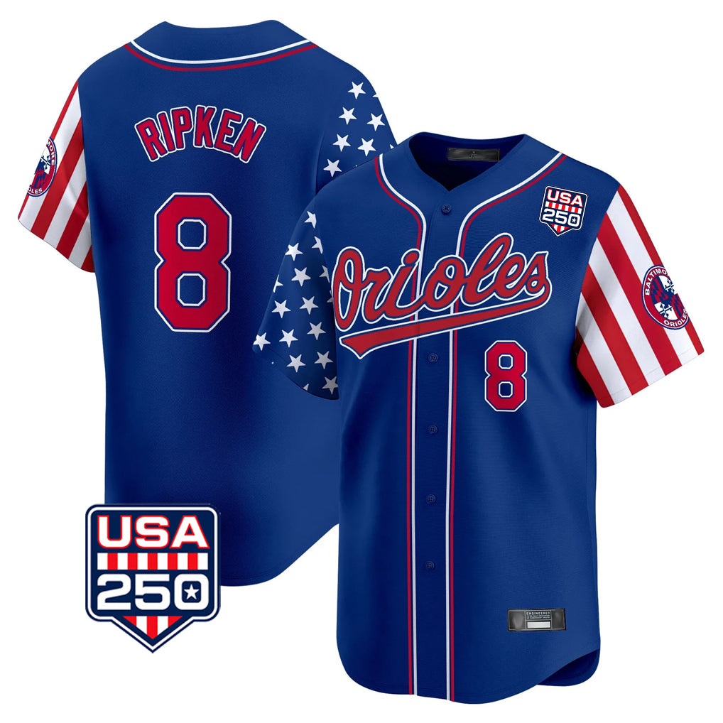 Friene B.Orioles #8 Cal Ripken Player Royal USA 250 Independence Day Vapor Premier Limited Home Game Stitched Jerseys