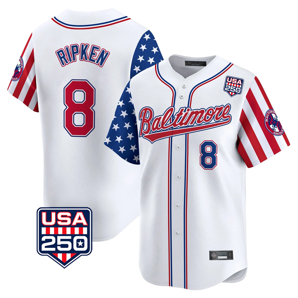Friene B.Orioles #8 Cal Ripken Player White USA 250 Independence Day Vapor Premier Limited Home Game Stitched Jerseys
