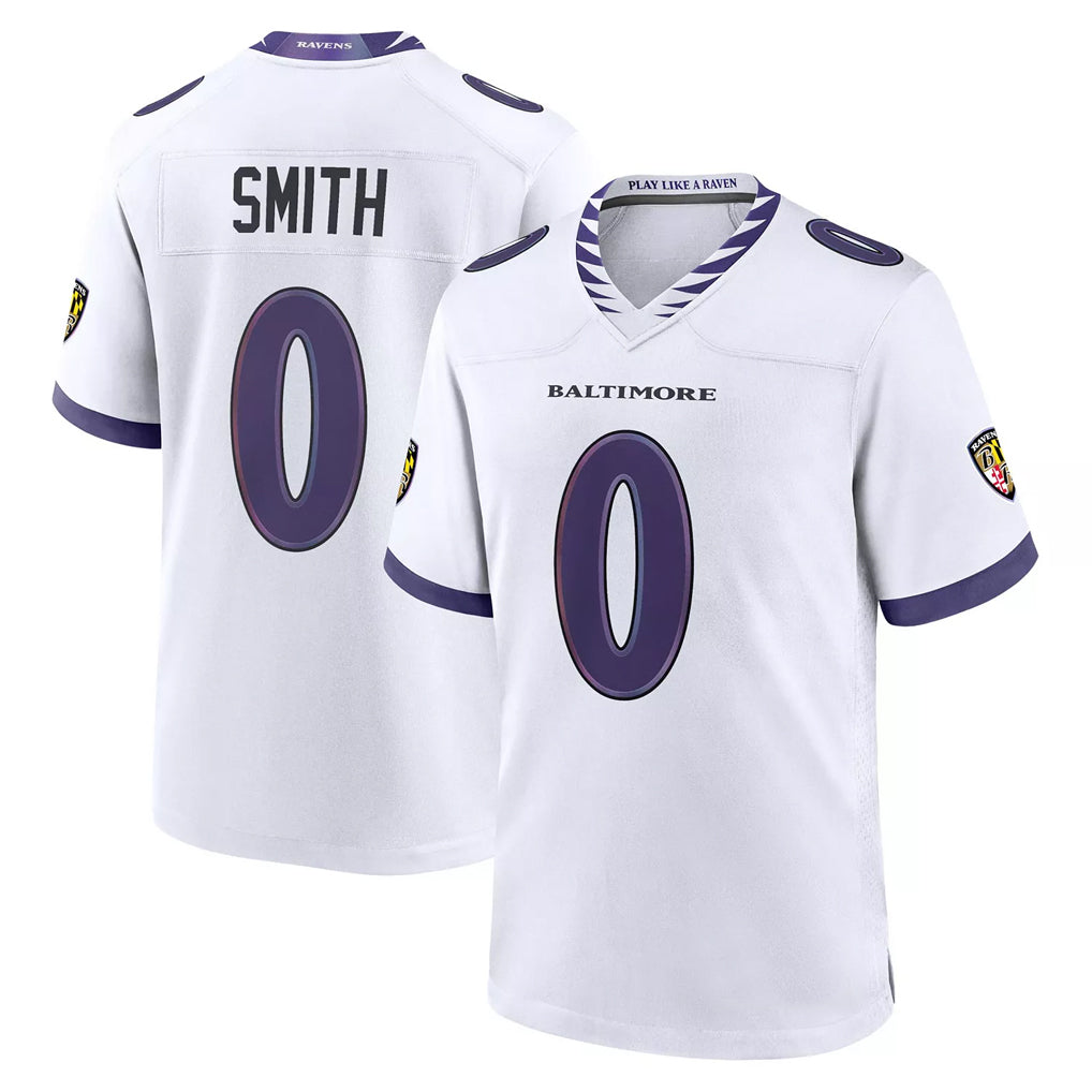 Friene B.Ravens #0 Roquan Smith Player White Purple Home Game Stitched Jerseys